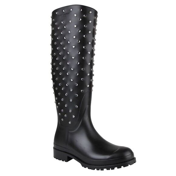 Saint Laurent Women's Black Rubber Women Rain Boots With Crystal Studs (36 EU / - Picture 1 of 9